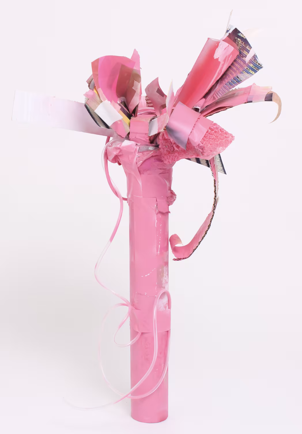 Utopian Dreams (2020), paper, card, packaging material, reclaimed plastic, bubble wrap, tape and spray paint, 90 x 20 x 20 cm.